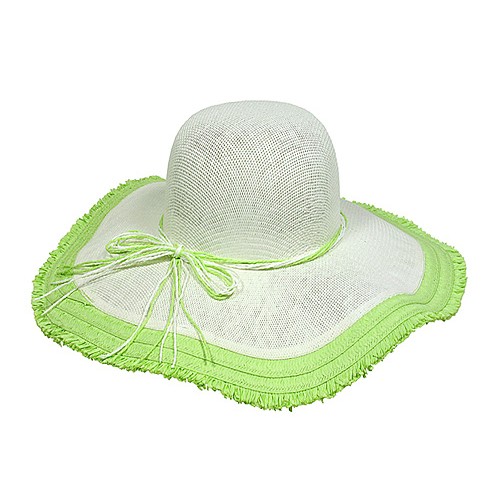 Straw Wide Brim Hats - Paper Straw w/ Fringe Trim - Lime Green - HT-ST299LM